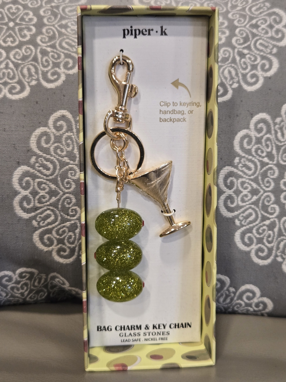 Piper K - Olive Martini Bag Charm Key Chain Gold & Green Glitter